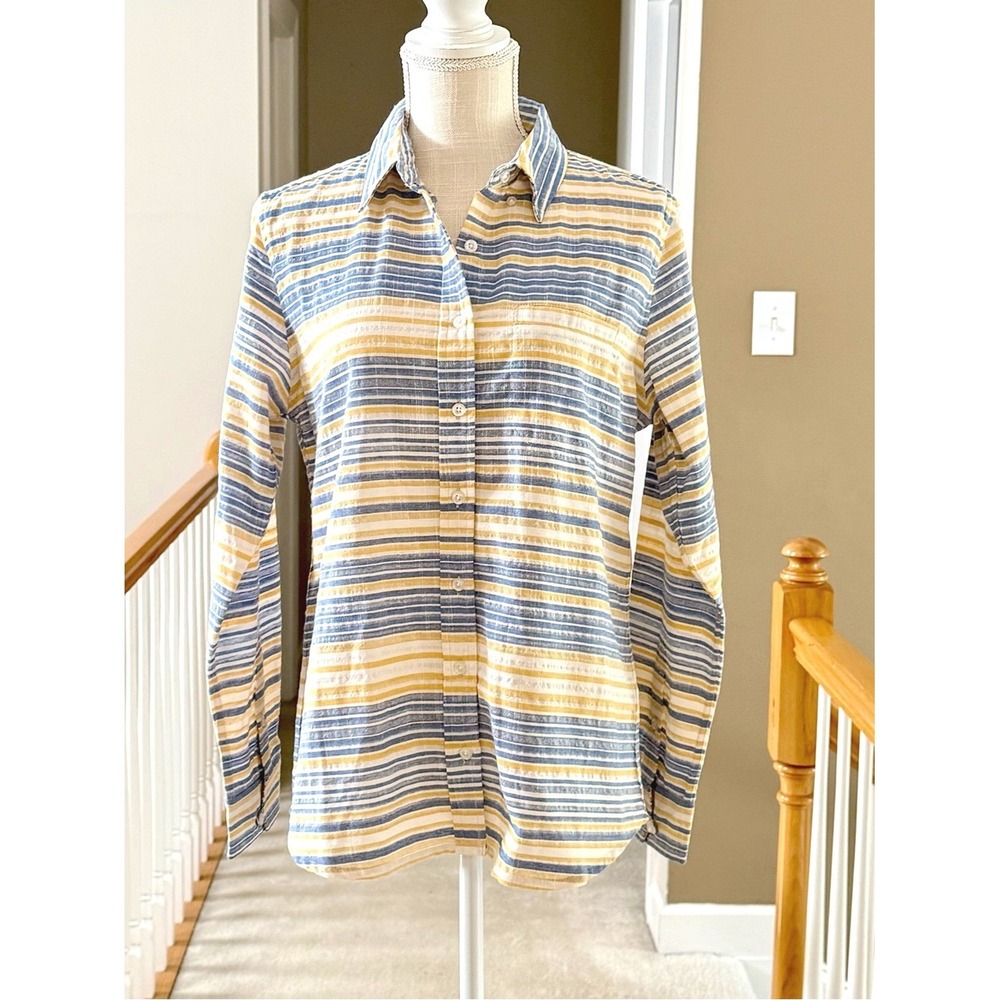 Wildfang Ace Hampton Stripe LS Button Up Shirt Blue Yellow Multi Medium NEW
